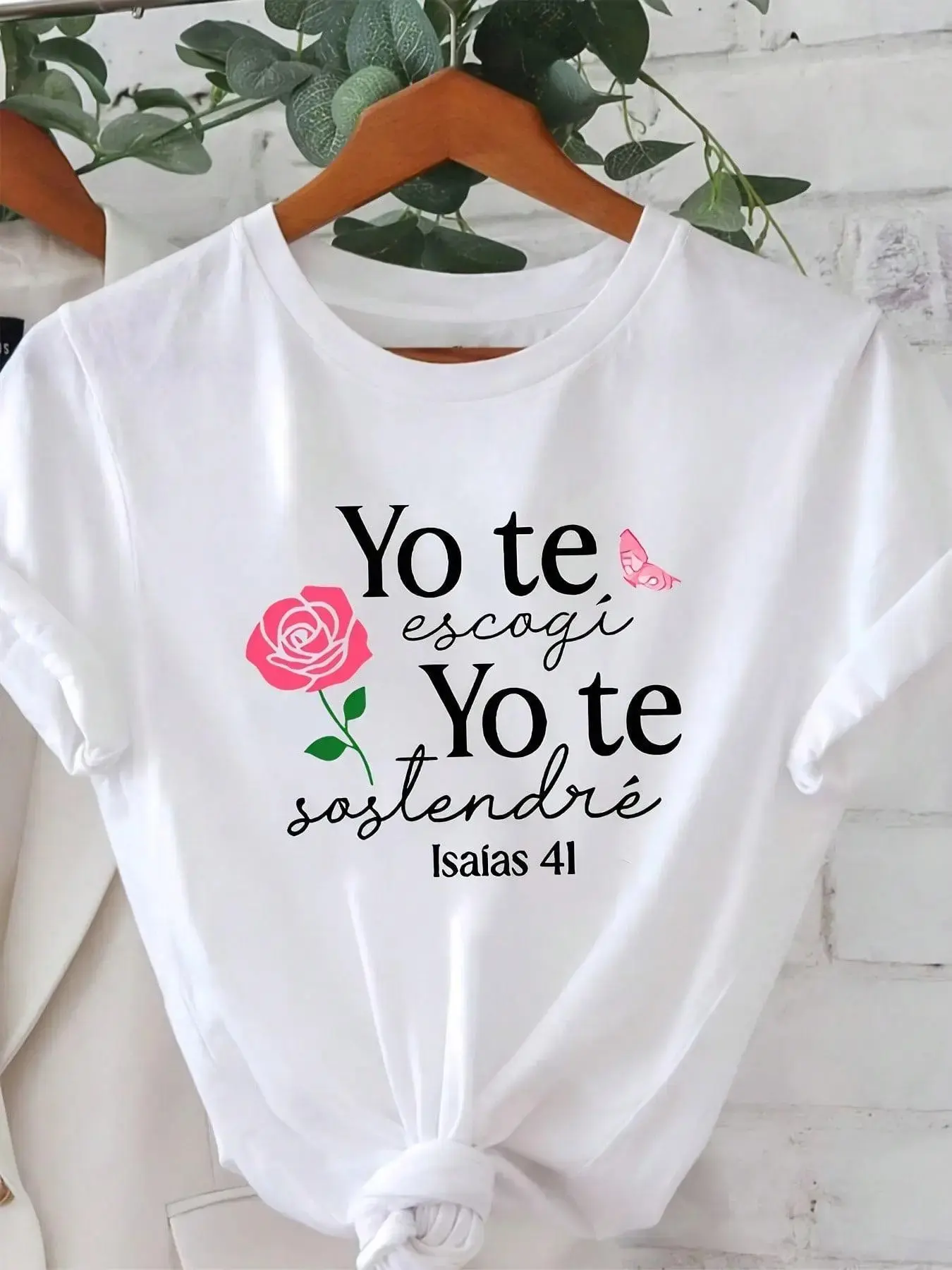 Women's Spanish-Themed Graphic Short-Sleeve T-Shirt - Digital Print "Yo Te Escogí Yo Te Sostené Isaías 41", Round Neck, Casual Fit, Multi-Size Including XXL, Spring-Summer Casual Top, Festival Gift, Shortsleeve, Spanish-Themed Graphic Women's T-Shirts