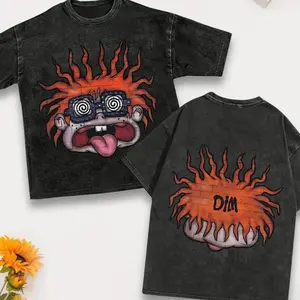 Psychedelic Cartoon Face Graphic Tee, Orange Spiky Hair Tongue Out Shirt, Hypnotic Glasses Streetwear, Unisex Menswear Womenswear Top, DIM Hype Style