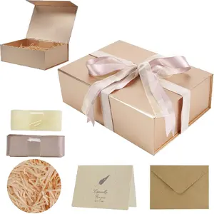 Rose Gold Luxury Gift Box with Lid, Foldable Bridesmaid Proposal Box, 11 x 7.8 x 3.5inch cm, Magnetic Closure, Foldable Gift Box, Comes with Card, Ribbon, Shredded Paper Filler - 1 Piece