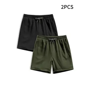 2pcs Men's Casual Solid Daily Drawstring Shorts For Summer, Running Basketball Training