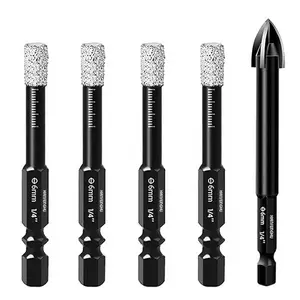 Dry Diamond Core Drill Bits Set 5PCS, 1/4" Tile Hole Saws Vacuum Brazed with Hex Shank for Ceramic, Porcelain Tiles, Marble, Granite, Quartz, Glass, Hard Materials.