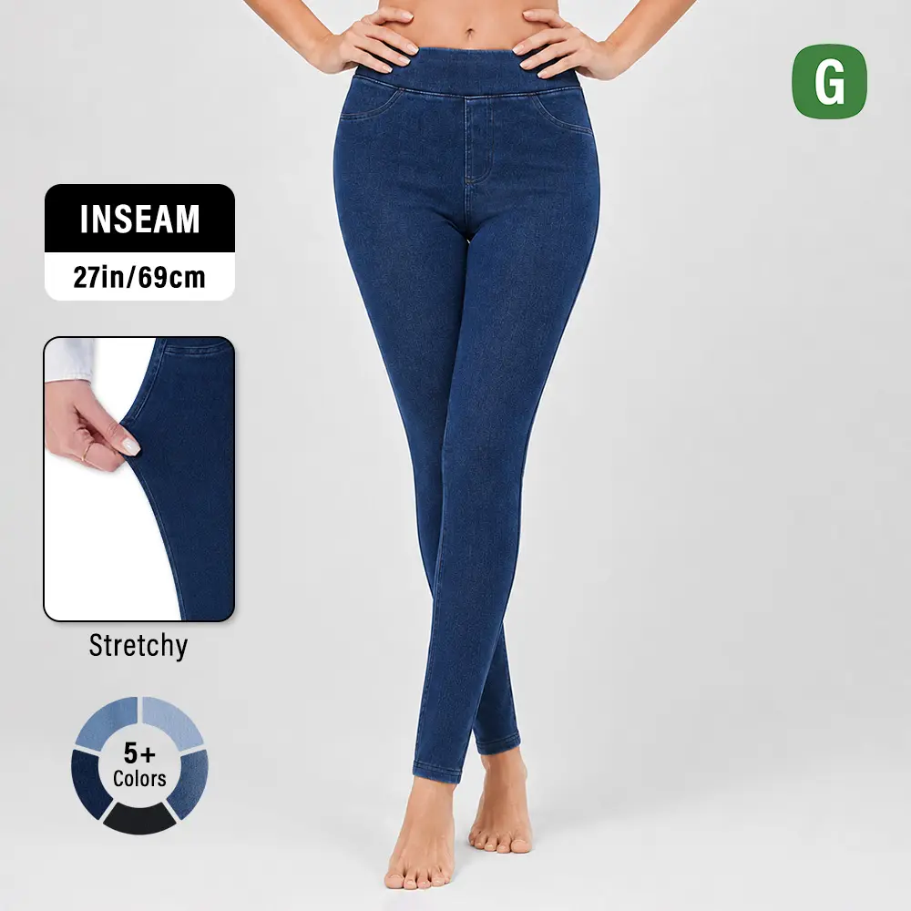 Women's High Waisted Pocket Stretchy Knit Casual Genuwii Skinny Pull-On Jeans, All-Season Slim-Fit Jeans Tummy Control