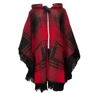 Gaban Square for Women - Red & White Plaid Hooded Cape with Fringe Detail