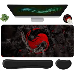 4pcs Yin Yang Koi Fish Japanese Style Design Mouse Pad, Universal Mouse Pad + Keyboard Wrist Rest + Coaster Set For Desktop Decoration, Office Accessories Set Ergonomic Wrist Support, Computer Mat Mouse Pad Coaster Suitable For Home Office Gaming