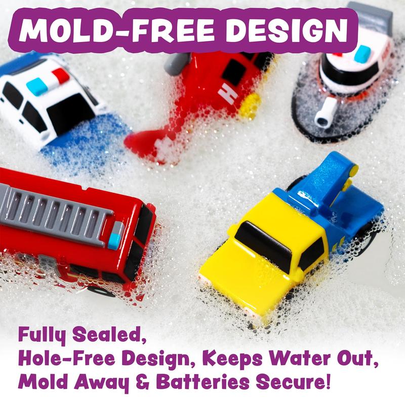 Emergency Cars Light Up Bath Toys, 6 Pack | Water-Activated Light Up Toys Flash & Change Color | Soft, Squeezable Baby & Toddler Bath Toys | Sensory Toys with Bath Lights for Kids Bath