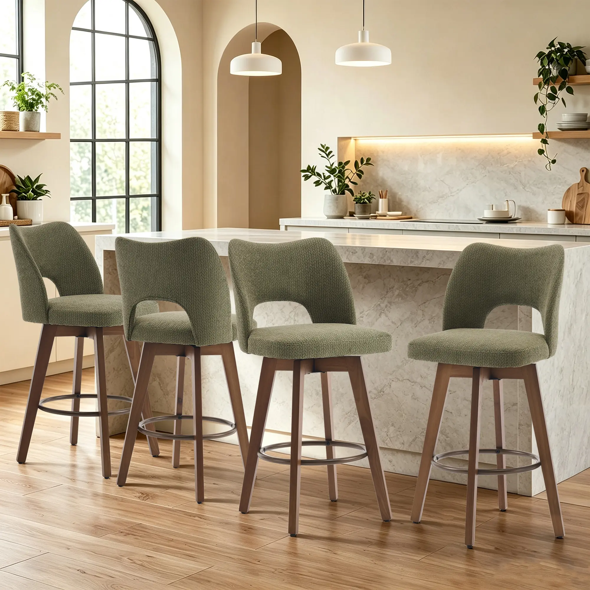 RIMIKING Mid-Century Modern Counter Height Bar Stool - Armless Fabric Chair, Silent 360° Swivel, Ergonomic Cutout Back, Anti-Slip Pads, Wood Frame for Kitchen Island (1 Carton 2 Pcs) 3182