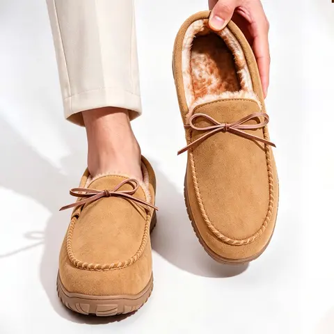 Men's Faux Suede Slip-On Moccasin Slippers - Thick Plush Fleece Lining, Memory Foam Padding, Anti-Slip Rubber Sole, Bow Detail, 01-Black Flat Indoor-Outdoor Footwear, Casual Classic Appearance, Ideal Gifts for Him, Decor-Friendly
