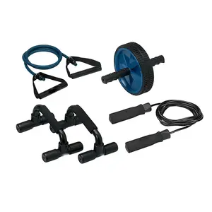 Home Gym Essentials Kit, Includes Jump Rope, Push-up Bars, Ab Wheel and Medium Resistance Tube