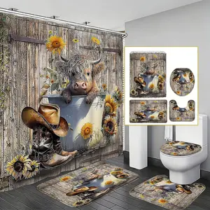 American Country Style Highland Cow Sunflower Jeans Bathroom Set, 4-Piece Bath Ensemble, Cozy Warm Aesthetic, Perfect for American Farmhouse Decor, Shower Curtain Set, Bathroom Decoration Accessories