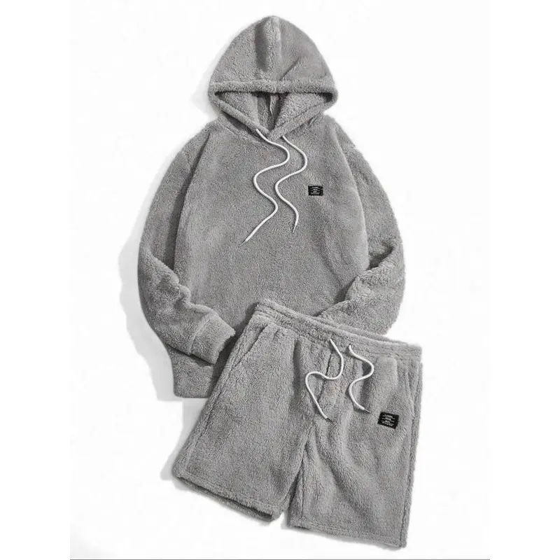 Men's Grey Drawstring Knit Hoodie & Pocket Shorts Plush Set, Regular Fit Casual Long Sleeve Hooded Sweatshirt & Shorts, Men's Fall & Winter Clothes Menswear Matching