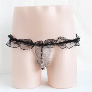 Men’s Ruffle Lace Thong – Sheer Sexy Low Rise Underwear Bikini Briefs