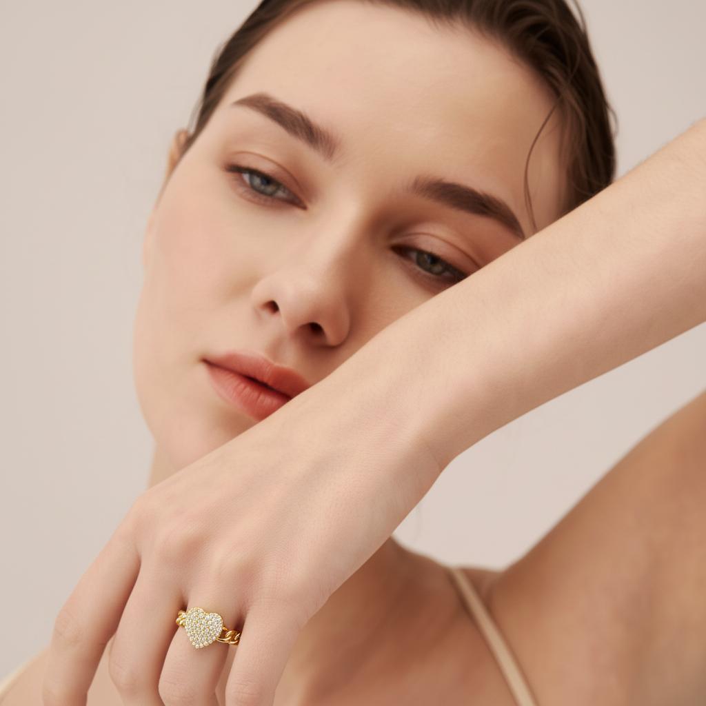 Exquisite Micro Paved CZ Heart Ring, Gold Plated Non Tarnish Adjustable Open Ring, Elegant Statement Ring for Dating & Daily Wear Exquisite Micro Paved CZ Heart Ring, Gold Plated Non Tarnish Adjustable Open Ring, Elegant Statement Ring for Dating & Daily Wear