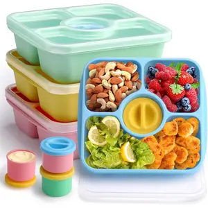 Bento Snack Box Containers for Adults Kids, 4 Pack Reusable Stackable Bento Lunch Box, Food Storage Containers with Clear Lids and 4 Sauce Cups, Pastel Color