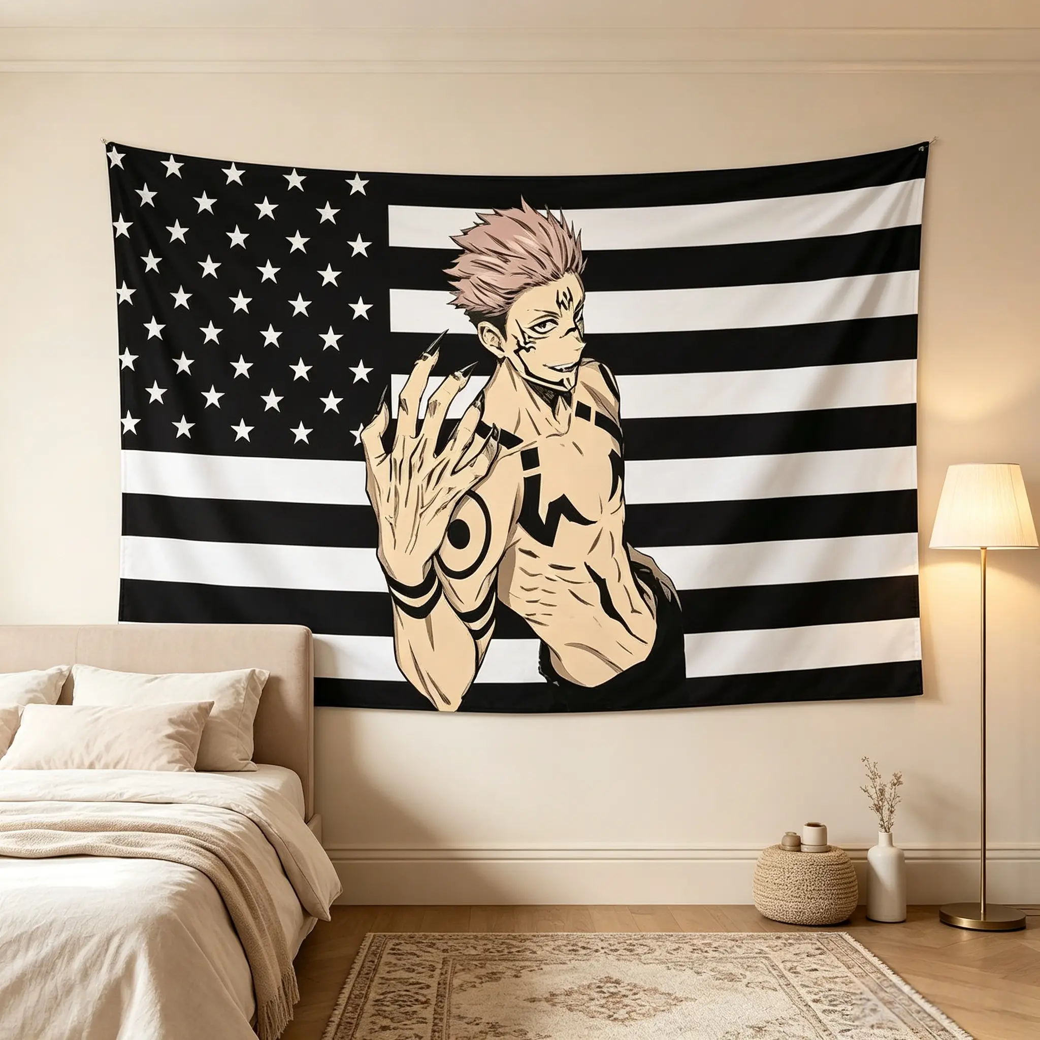 Black USA Flag Polyester Tapestry - Jujutsu Kaisen Anime Funny Print, Lightweight Home Decor Wall Artwork, Backdrop Decoration & Gift Merch