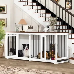 FUFU&GAGA Large Dog Crate Furniture, 71" Heavy Duty Wooden Large Dog Kennel With Removable Trays & Divider For Large Medium Small Dogs, White