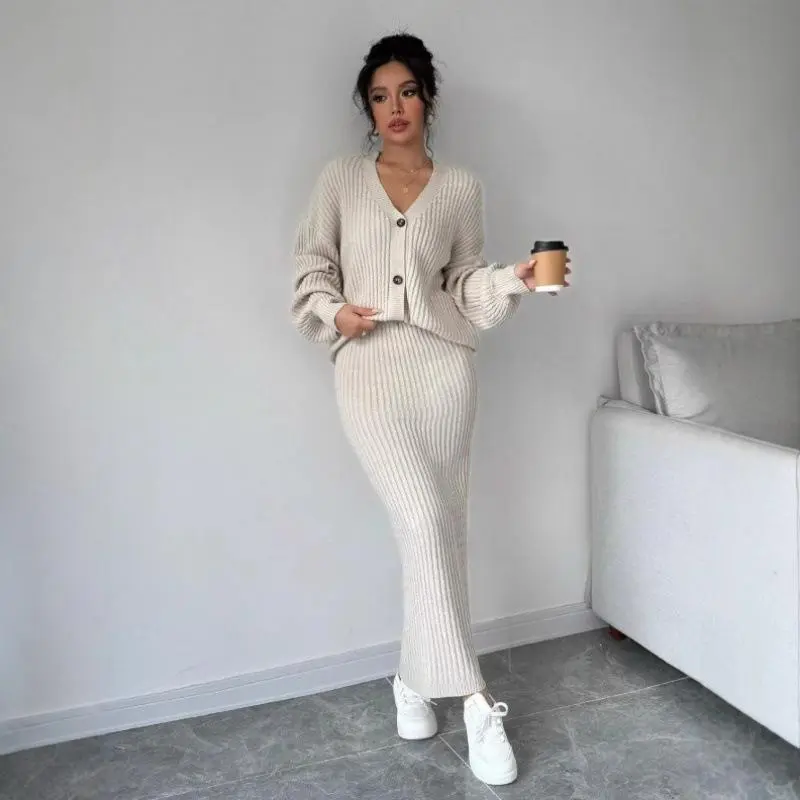 2026 Women's Casual Two Piece Set Button Front Sweater and High Waist Long Skirt Outfit Fall Winter Knitwear Cozy Matching Set for Daily Wear Outdoor Loungewear, stylish design