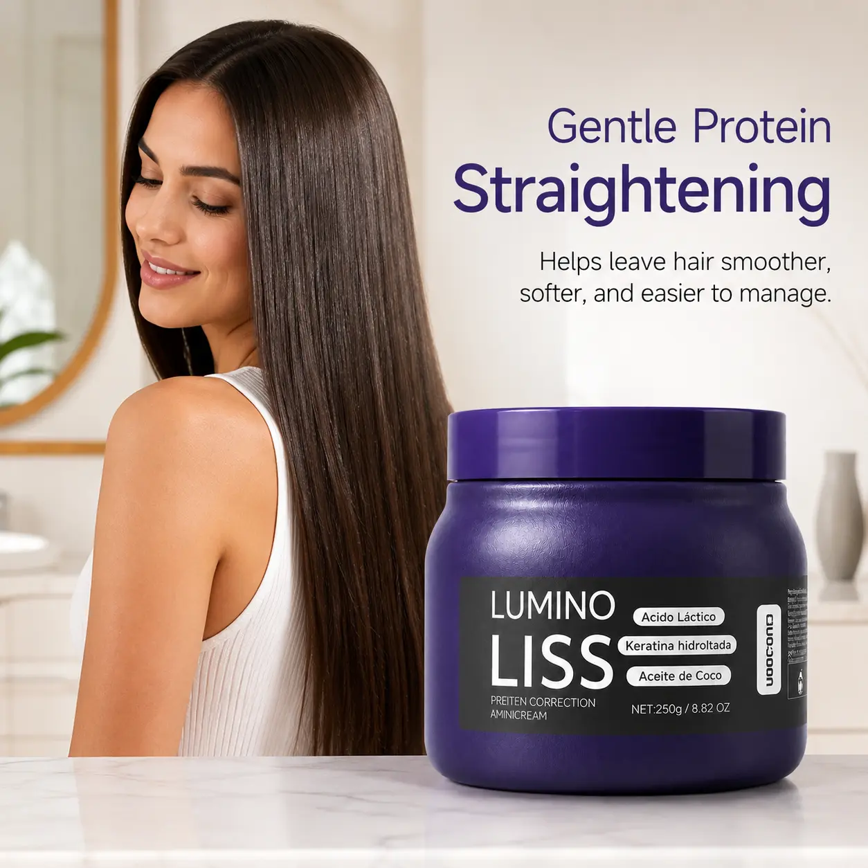 Protein Straightening Cream 250g – Nourishing Hair Smoothing Treatment with Hydrolyzed Keratin, Lactic Acid & Coconut Oil for Dry, Frizzy and Unruly Hair, Soft Shine Home Salon Care