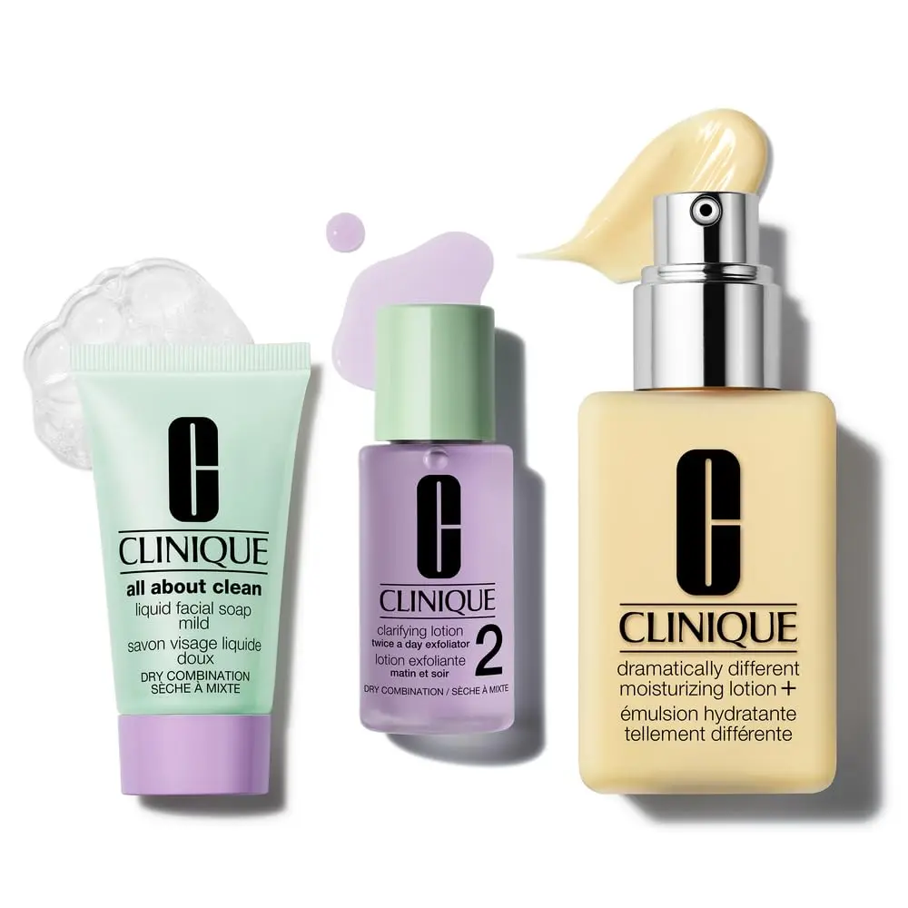 Clinique Great Skin, Great Deal Gift Set| All About Clean Mild Liquid Soap, Clarifying Lotion + Dramatically Different Lotion| Includes Full Size Moisturizer| For Dry or Oily Combination Skin Types