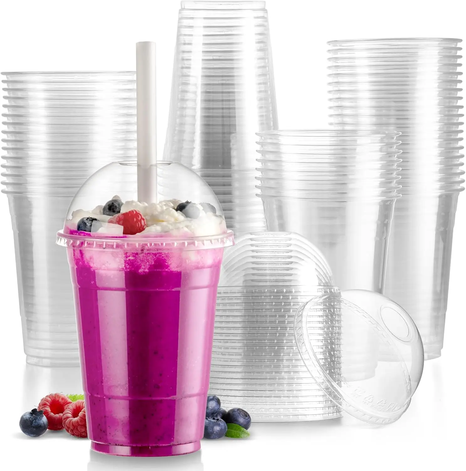 Fit Meal Prep Clear Plastic Cups with Dome Lids, With/Without Straws, Disposable Cups for Iced Coffee, Frappes, Boba, Smoothies & Cold Drinks, Clear Party Cups (16/20/24 oz, 50/100 Pack)