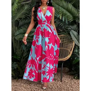 Vintage color contrast sleeveless V-neck dress, unique print interpretation elegant style