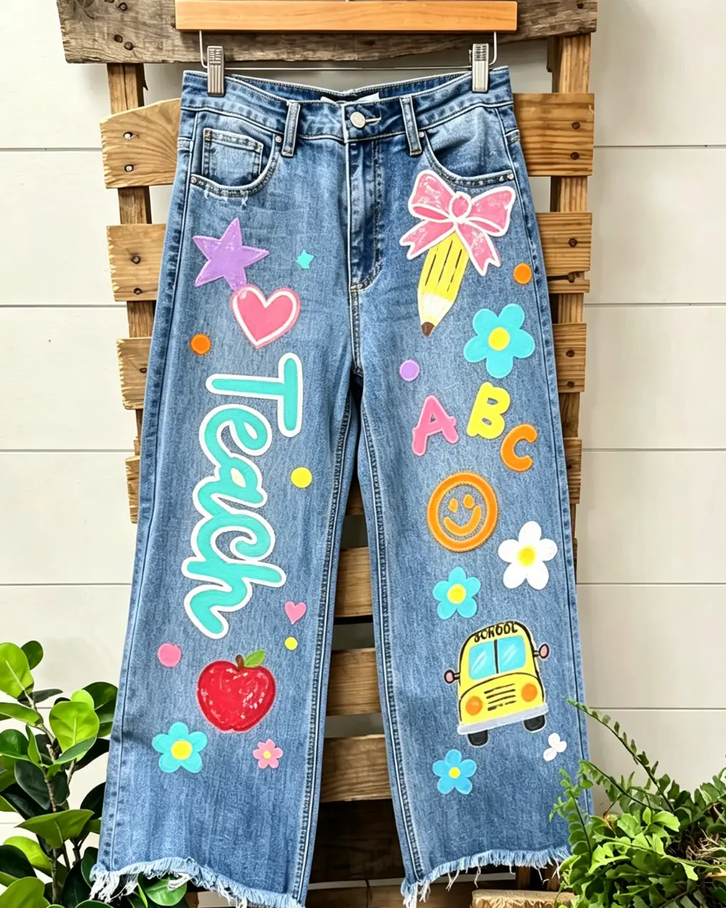 Therubyheart Women's Cotton Denim Cropped Wide Leg Graphic Jeans - Comfortable Fabric, Colorful ABC Designs, School Bus Prints, Flattering Fit, Stylish Streetwear Jeans for Women