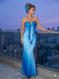 Women's Ombre Floral Halter Maxi Dress Elegant Mesh Fishtail Silhouette for Parties & Dates