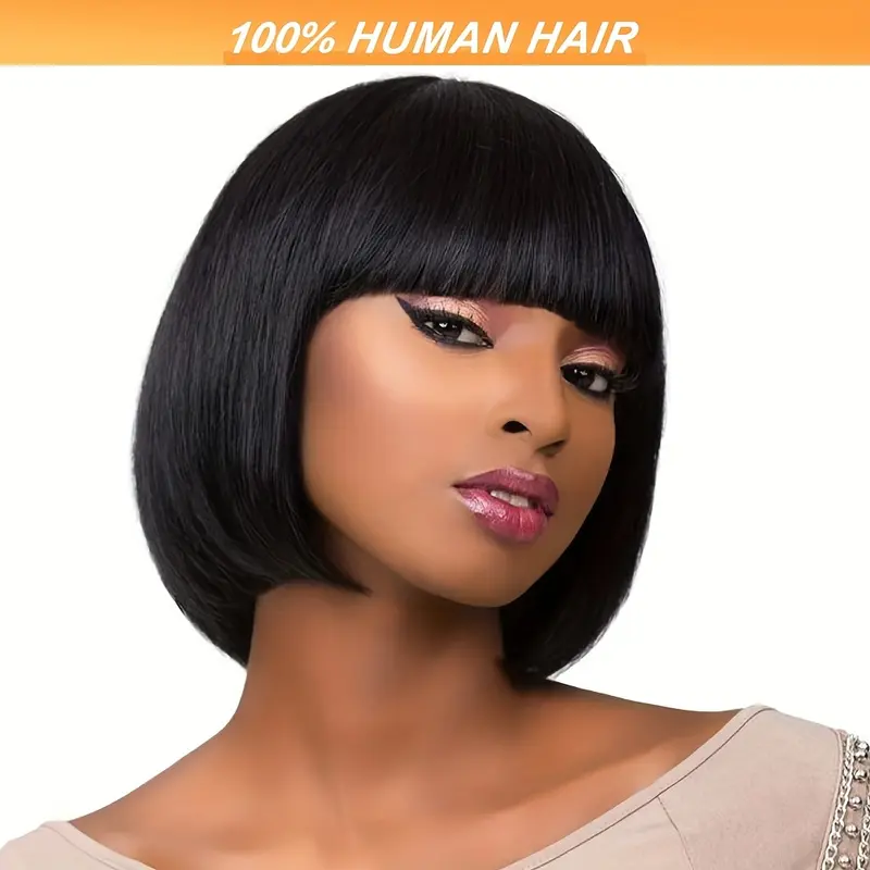 New Arrived Elegant Bob Cut Wig with Bangs - 150% Density, Glueless Human Hair, Straight Style for Women, 8inch Natural Color, Suitable for all races and scenes