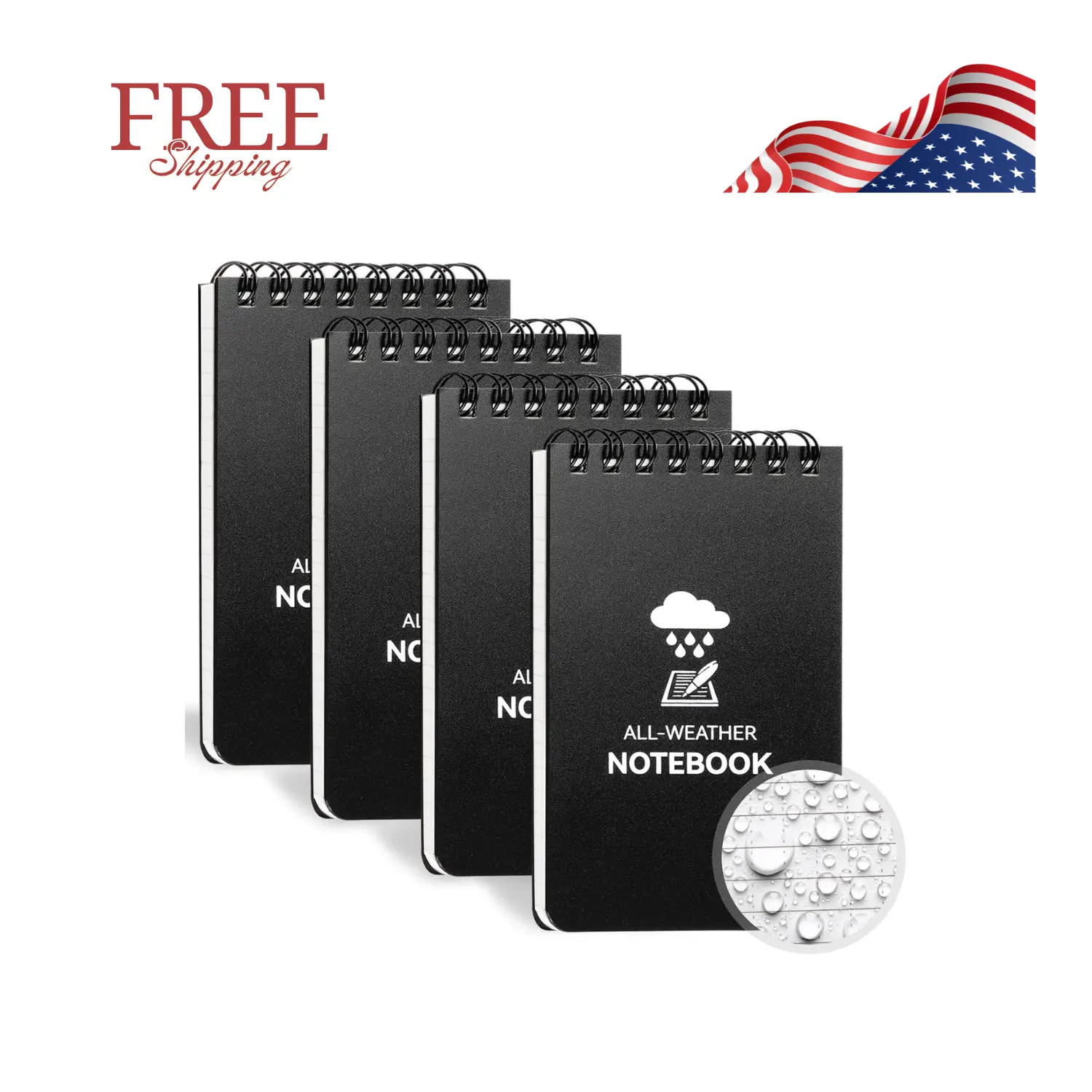 Waterproof Notebook, 4 Pack Top-Spiral Pocket Notepad, 3" x 5", Black