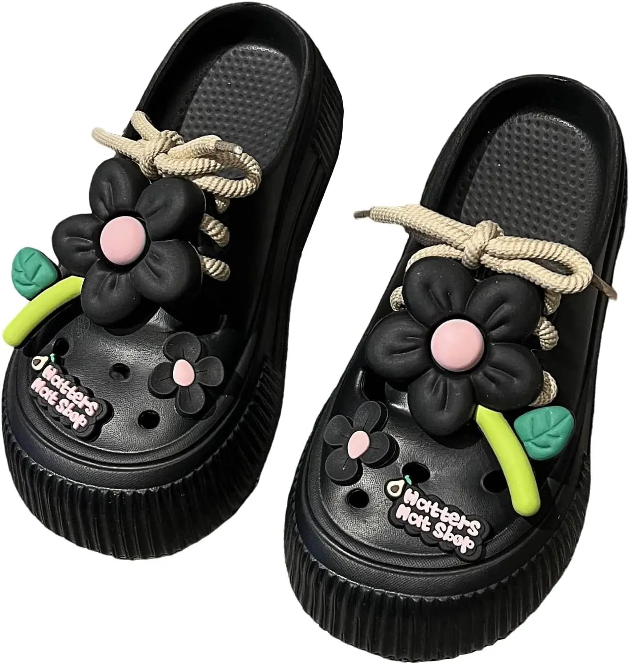 DREAM LAKE Women's Platform Slide Sandals with Bow and Flower Charms, Cavernous Upper