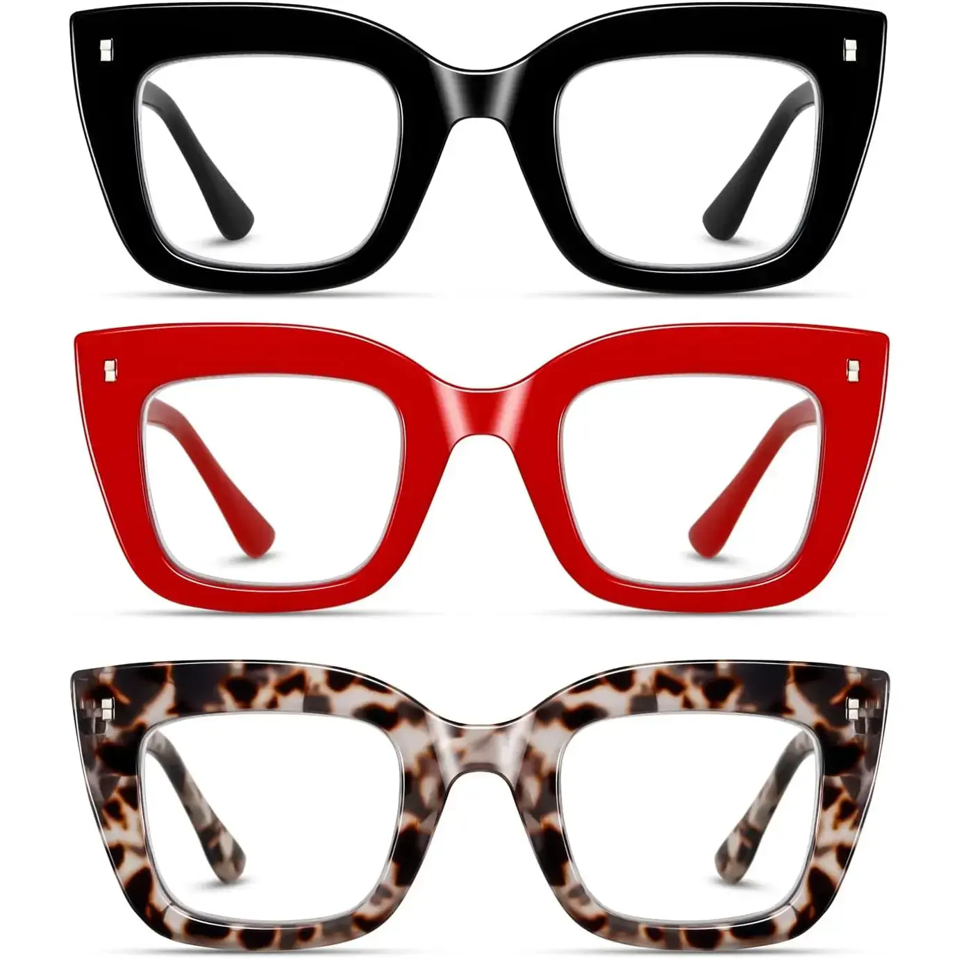 3-Pack Oprah Style Oversized Reading Eyeglasses - Bluelight Blocking Computer Frames, Quality Trending Design, Spring Hinge, Fashion Eyewear Multi-Pack