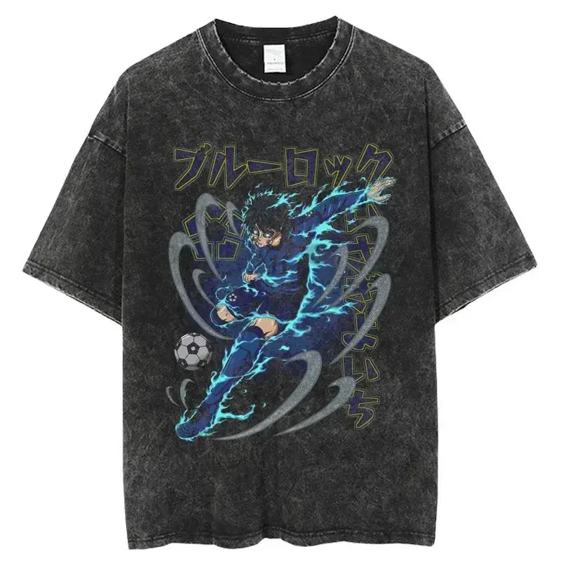 Blue Lock Isagi Yoichi Vintage Washed T‑Shirt, Anime OOTD show Soccer Anime Oversized Graphic Tee, Retro Streetwear Pure Cotton Casual Top, Unisex Short Sleeve Apparel for Men Women Anime Fans Sleeved Soft