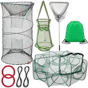 5 Pcs Fishing Net Accessories Include Fishing Landing Net with Handle, 26in x 13in Portable Folded Cast Net, 8 Holes 8 Sides Collapsible Fishing Bait Trap, Fishing Keep Net, Drawstring Bag