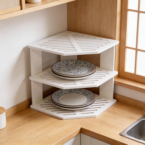 Multi-layer Corner Storage Rack Triangular Fan-shaped Shelf Drill-free Kitchen Cookware & Tableware Organizer Wall Mounted Dual Hat Design