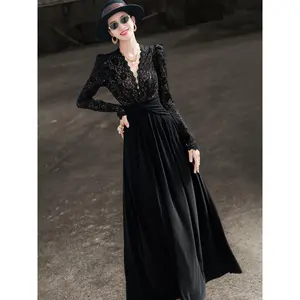 Lancer 2025 Fall New Arrivals: Elegance French Audrey Hepburn Style Black Midi Dress with Lace Accents, Long Sleeve V-Neck Dress