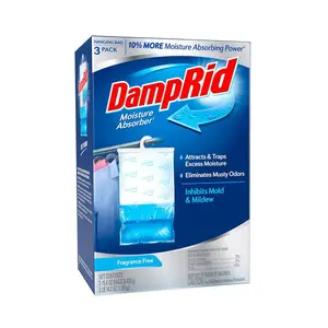 DampRid 15.4 oz Hanging Moisture Absorber, Pack of 3, Fragrance Free, Electricity Free Dehumidifier for Closets and Storage, Inhibits Mold and Mildew, Eliminates Musty Odors, Lasts Up to 60 Days, 10% More Absorbing Power, Fragrance Free.