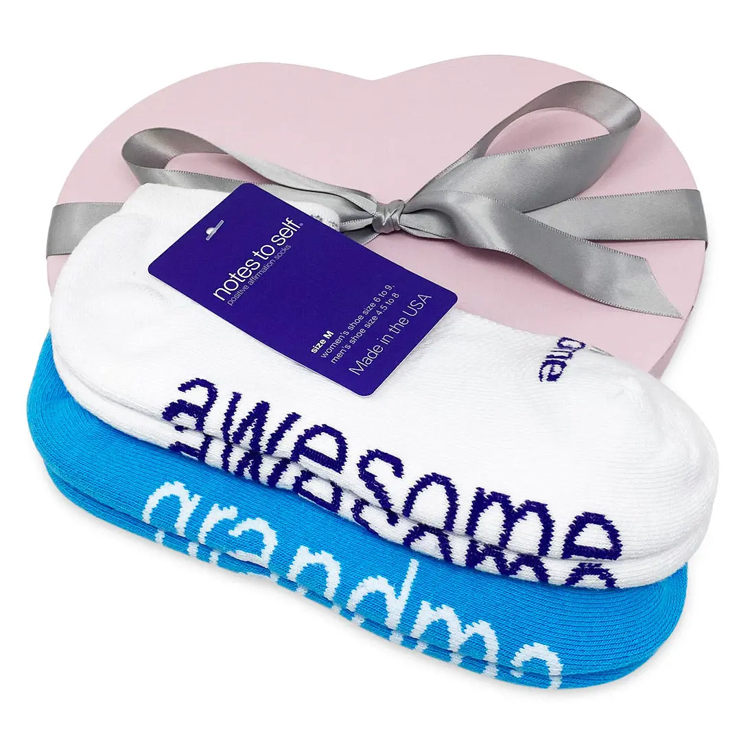 I love grandma® + I am awesome® sock gift set in pink heart gift box