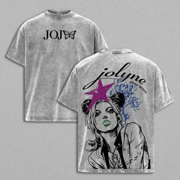 Menswear Round Neck Figure T-Shirt - Vintage Washed JoJo's Bizarre Adventure Stone Ocean Jolyne Cujoh Double Sided, Oversized Retro Distressed Anime Graphic, Harajuku Streetwear Y2K Aesthetic, 100% Cotton Casual Shortsleeve Top