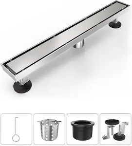 Linear Shower Drain, 2-in-1 Stainless Steel Shower Floor Drain with Tile Insert Grate, Adjustable Feet, Hair Filter, Bathroom Drain, Durable Drain, Easy Install Drain