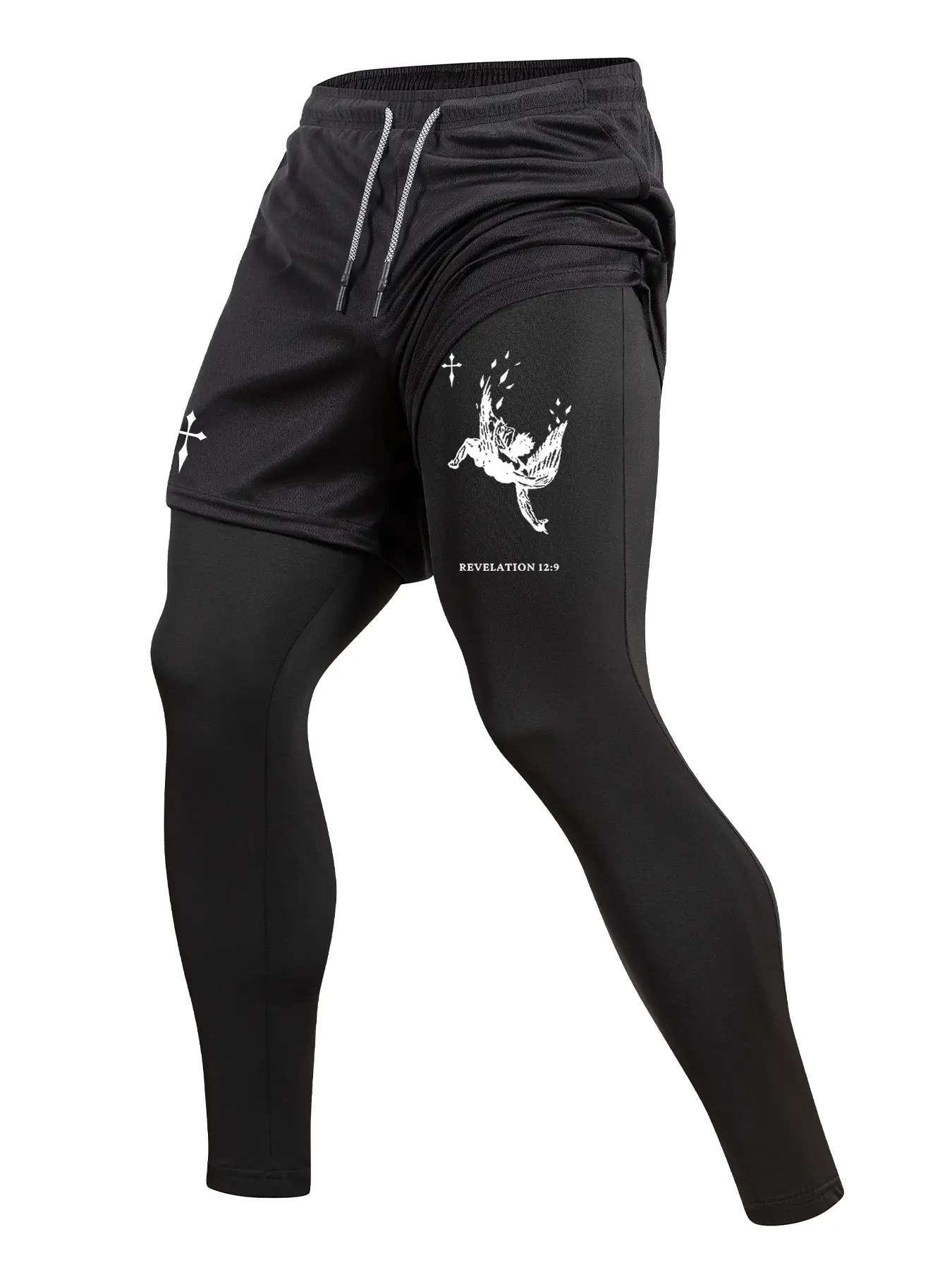Men's Angel Cross Print Sporty Athletic Stretchable 2 in 1 Compression Pants, Spring & Fall Gym Workout Fitness Tights Leggings Knitted Sports Pants with Phone Pocket, Zipper Pocket, Towel Loop, Athletic Running Quick Dry Baselayer Activewear