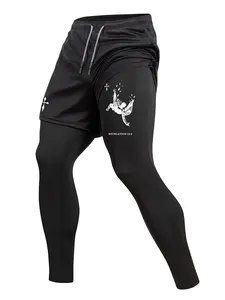 Men's Angel Cross Print Sporty 2 in 1 Compression Pants, Spring & Fall Gym Workout Fitness Tights Leggings with Phone Pocket, Zipper Pocket, Towel Loop, Athletic Running Quick Dry Baselayer Activewear