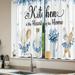 2pcs Navy Blue Teal Eucalyptus Leaves Kitchen Curtains Small Short Leaf Plants Country Botanical Country Modern Rod Pocket Natural Spring Bedroom Living Room Fabric