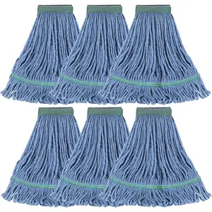 Heavy Duty 24oz Pack of 6  Looped End Mop Replacements for Commercial & Residential Floor Cleaning, Industrial Wet Mop, Blue Washable