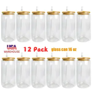 12 Pack YIPAI USA Warehouse 16oz Blank Sublimation Clear Glass Can With Bamboo Lids and Plastic Straw High Borosilicate Soda Beer Can Shape Cups Work for UV DTF Wraps Drinkware