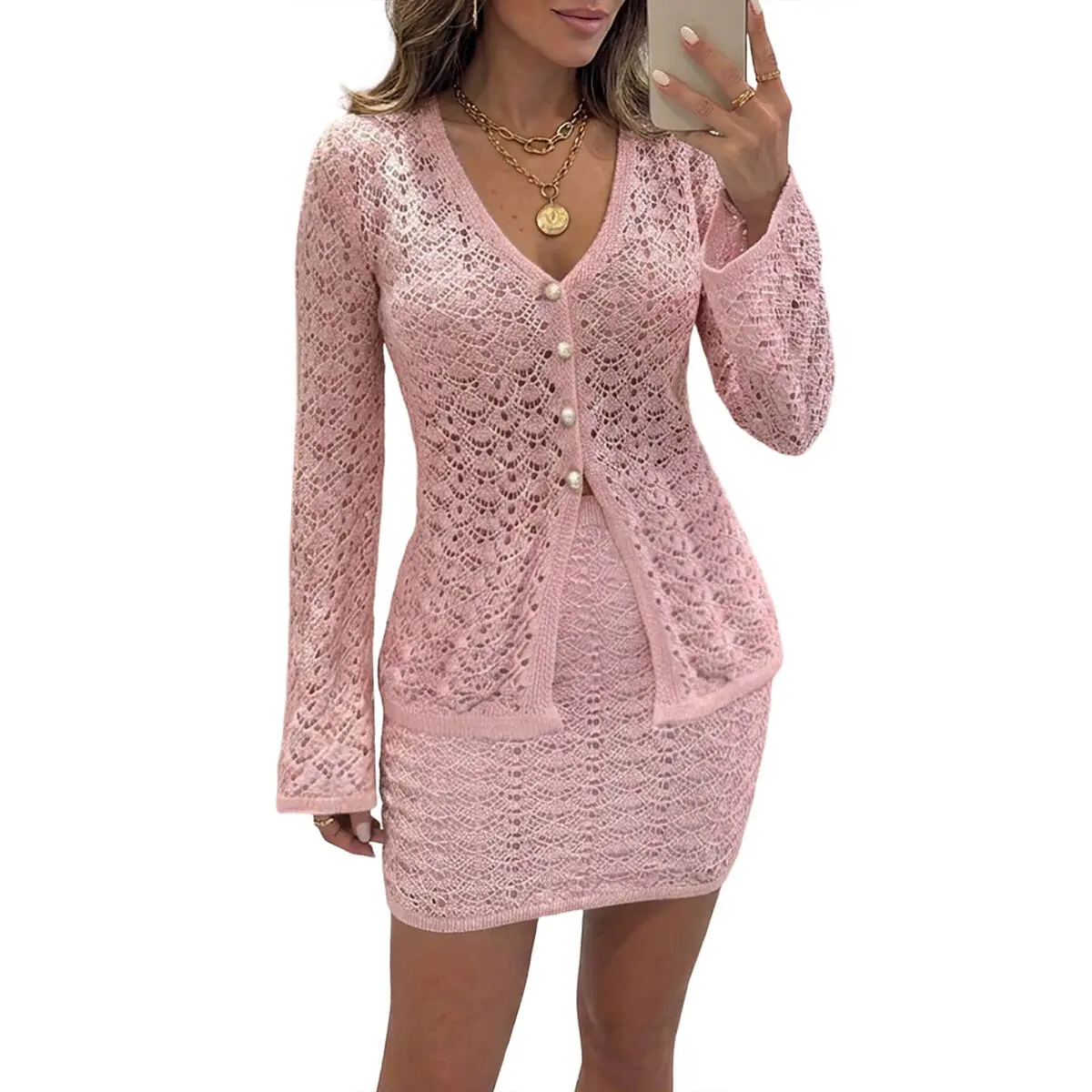 CHICME 2026 Women's Plunge Long Sleeve Knit Button Top and Casual Knit Skirt Sets