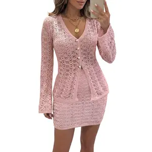 ChicMe 2026 Women's Plunge Long Sleeve Knit Button Top and Casual Knit Skirt Sets