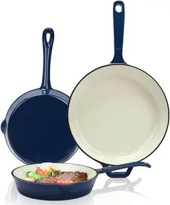 Enameled Cast Iron Skillet Set - 3 count Ceramic Coated Fry Pan Set(8'',9.5'' 11''), /PTFE/PFOA Free, Oven & Induction Safe, Navy Blue Cookware for Gas/Electric Stovetop