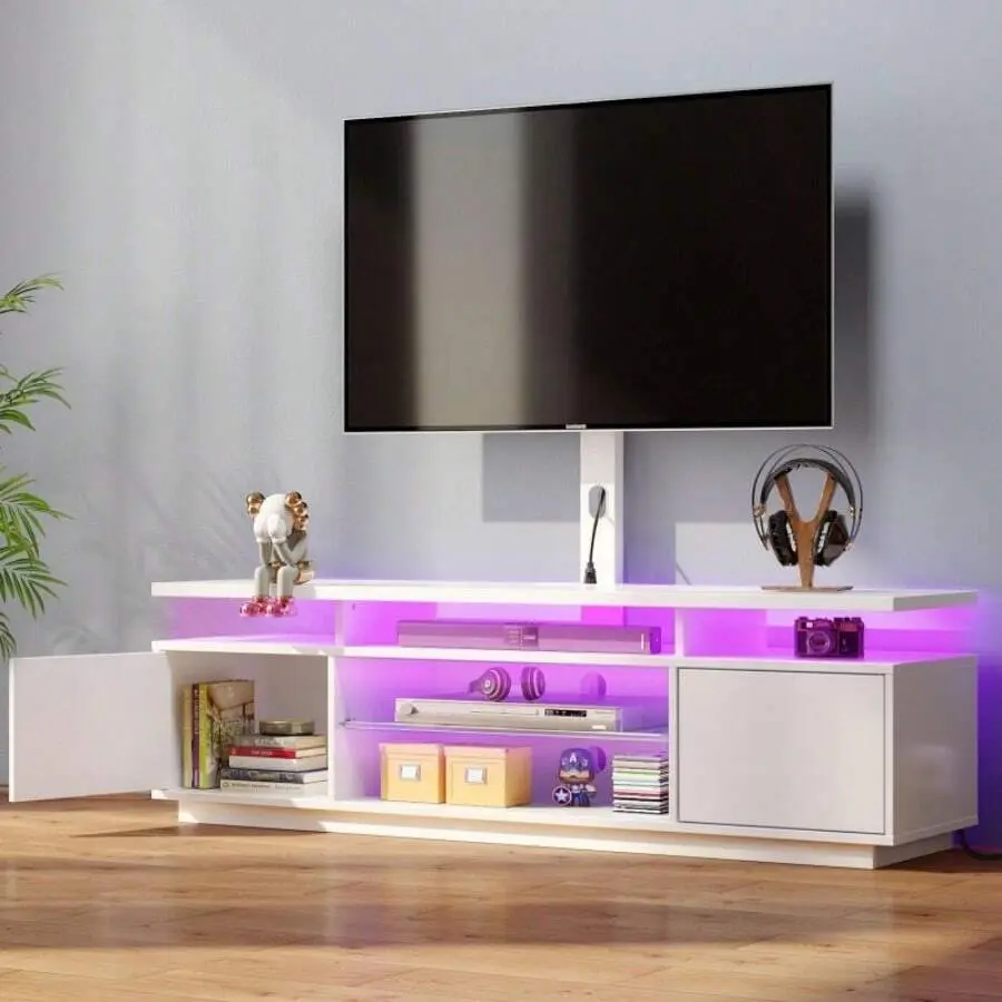 GREENSTELL TV Stand With Mount And Power Outlet  51.2"/59.1", Swivel TV Stand Mount For 32/45/55/60/65/70 Inch TVs, Height Adjustable Modern Entertainment Center With Storage & LED Lights, TV Table