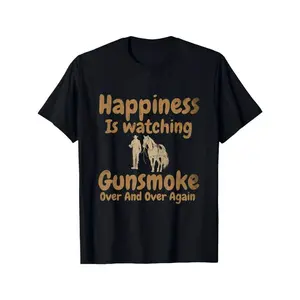 Vintage Graphic T-Shirt - Happiness Is Watching Gunsmoke Over And Over Again, Retro Cowboy and Horse Illustration on Black Fabric, Casual Crew Neck Tee for Classic Style Lovers