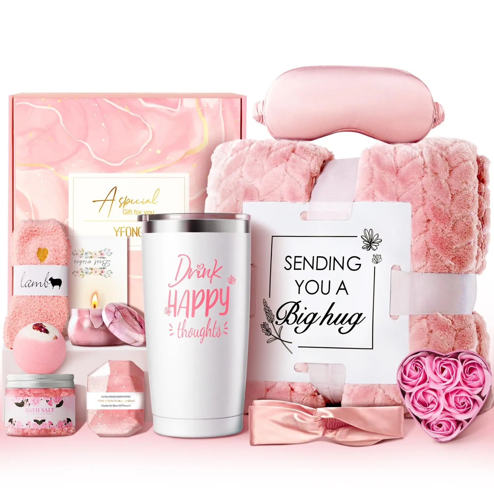 Birthday Gifts for Women, Self Care Get Well Soon Gifts Basket for Mom, Wife, Girlfriend, Sister, Her, Pink Gift Set for Best Friends, Mother's Day, Relaxing Gift - Rose Boxes