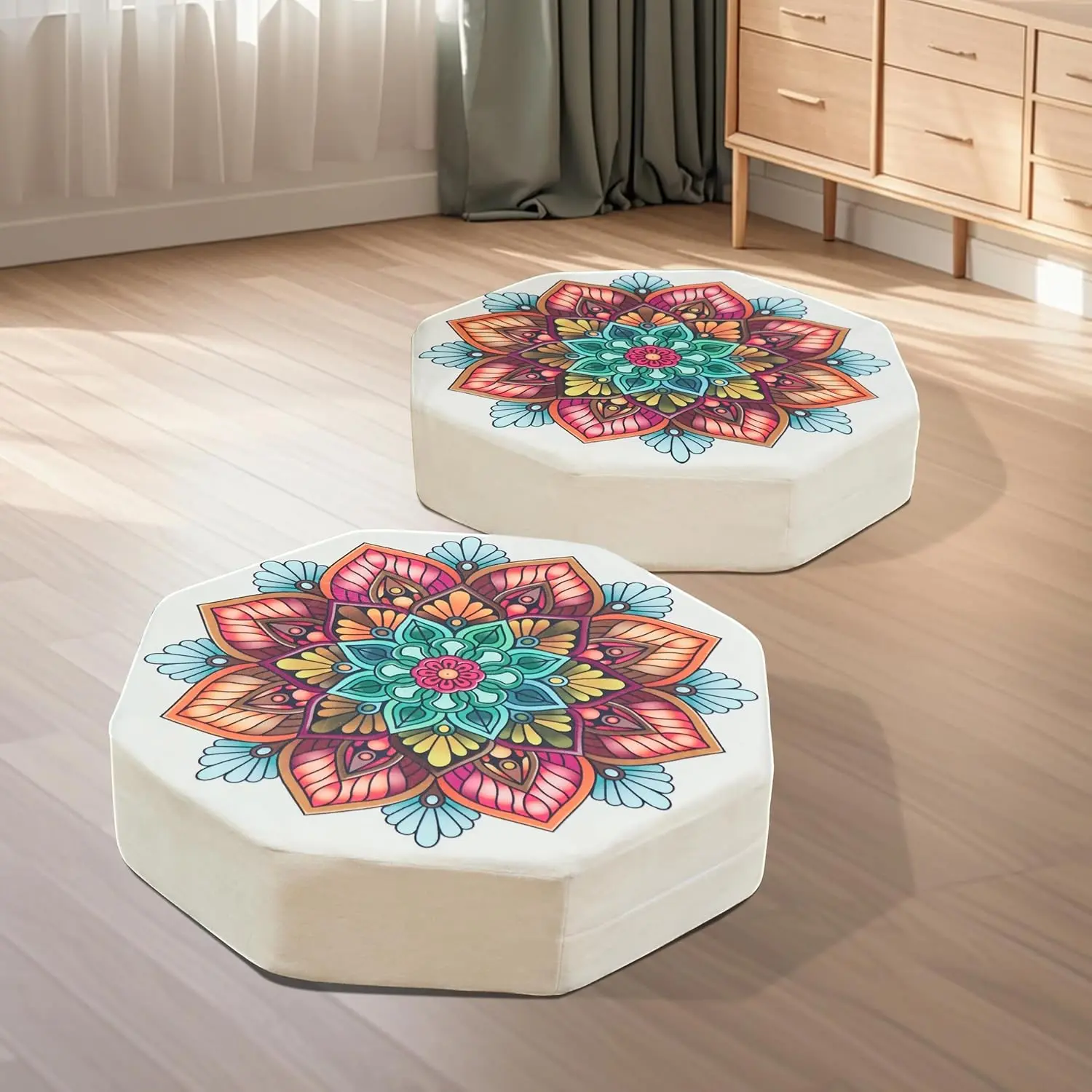 Octagonal Floor Pillow, Large 22" Cushion with Memory Foam and Soft Velvet Cover, Ideal for Comfortable Seating, This Multi-Color Mandala Design Enhances Living Room Decor.